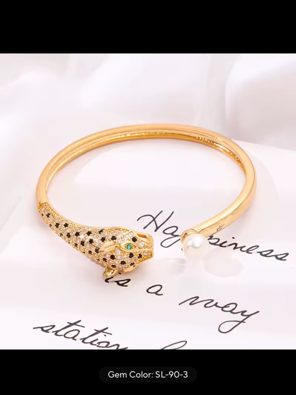 Gold-tone Leopard Head Pearl Accent Bangle Bracelet